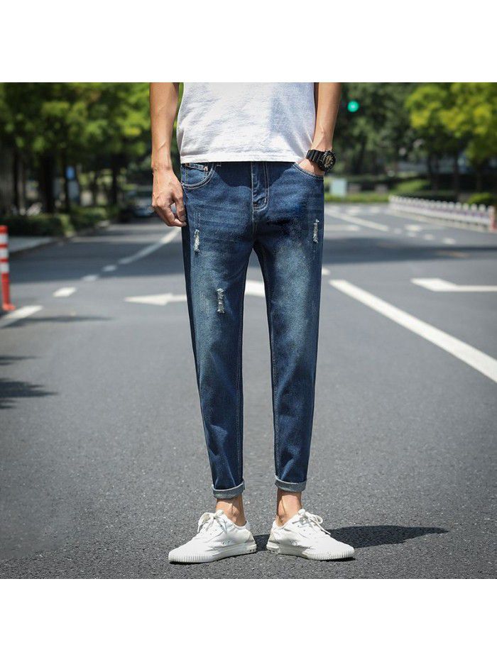 Spring and summer new fashion brand pierced jeans men's Korean slim pants men's trend youth casual Capris 