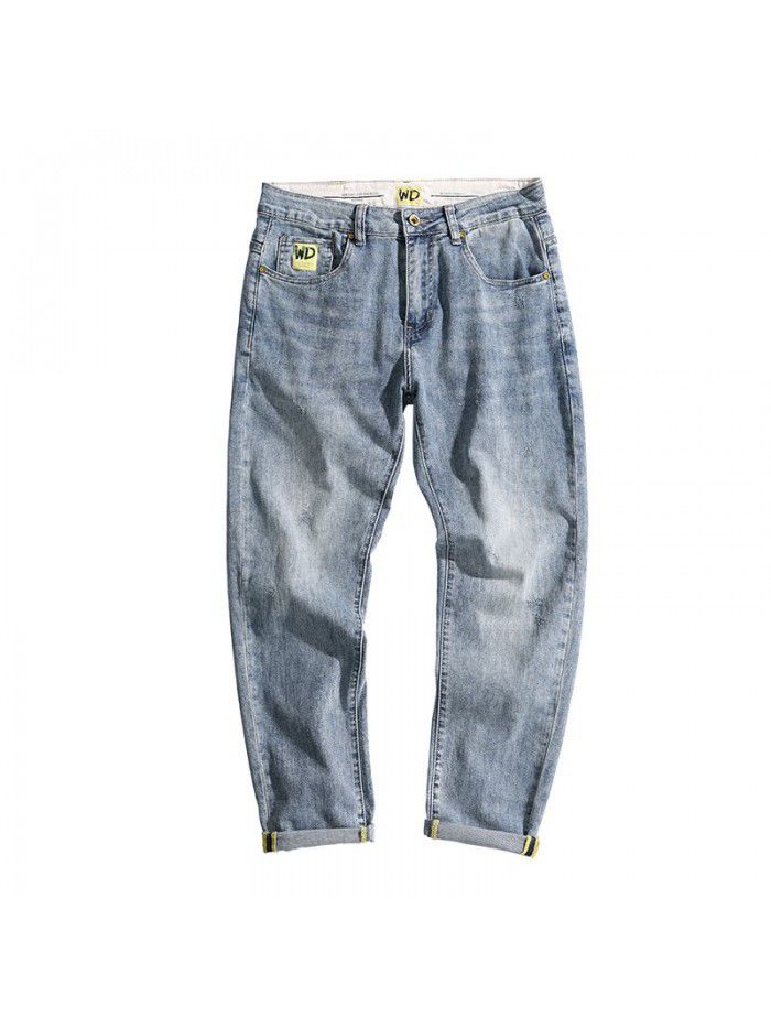Spring and summer new fashion brand jeans men's loose large casual Capris Korean Trend elastic straight pants 