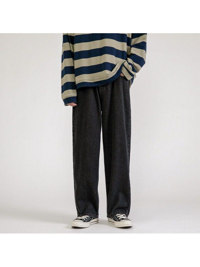 Spring and summer new jeans men's fashion brand loose straight tube wide leg pants men's fashion Korean casual daddy pants 