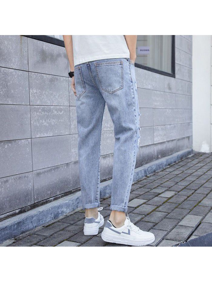 Chao brand water washed perforated jeans men's spring and summer new Korean slim Leggings men's youth casual Capris 