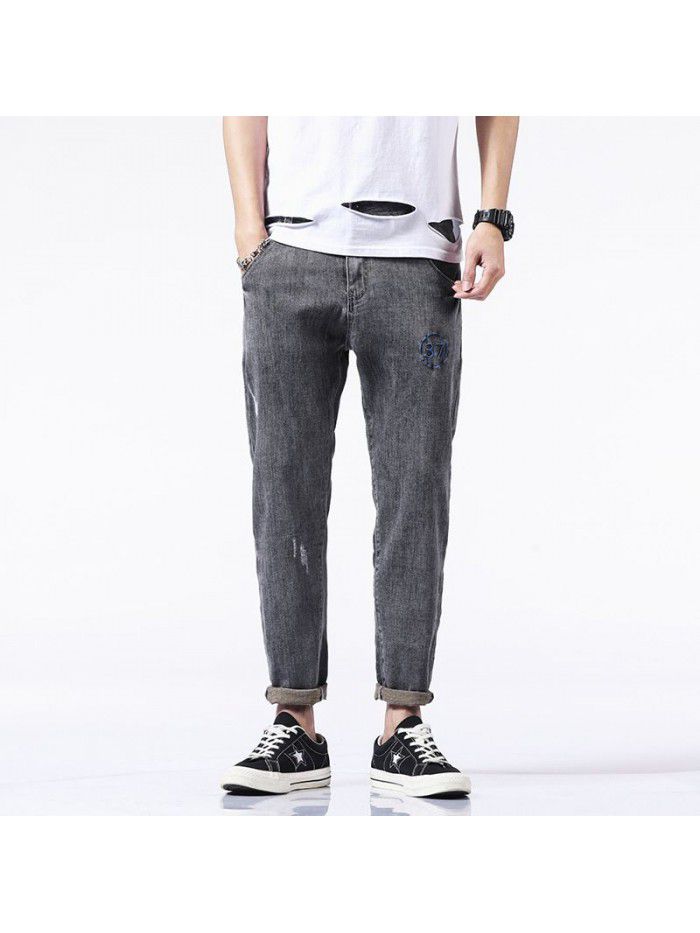 Spring and summer new stretch jeans men's fashion brand loose straight tube Harem Pants men's trend casual embroidery Capris 