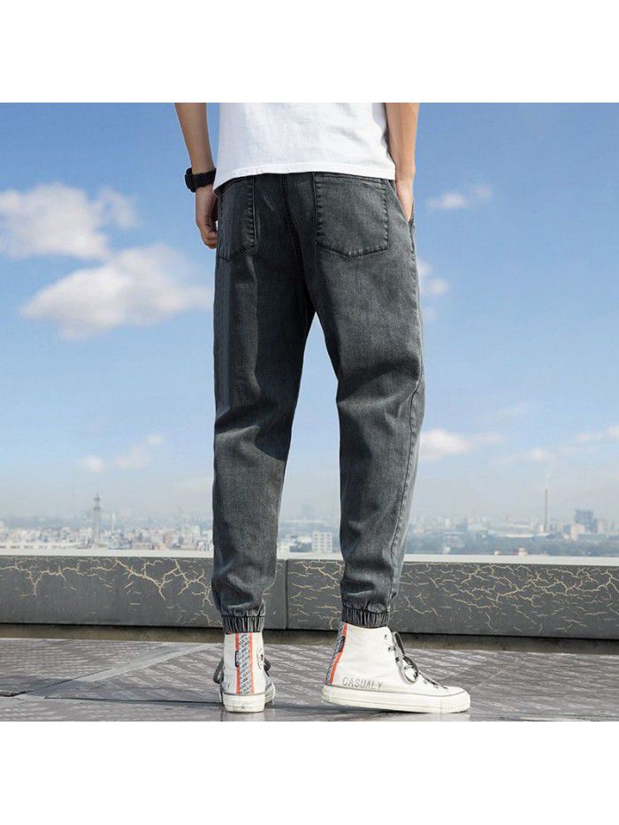 Spring and summer new drawstring washed jeans men's fashion brand loose legged Harem Pants men's casual legged pants 