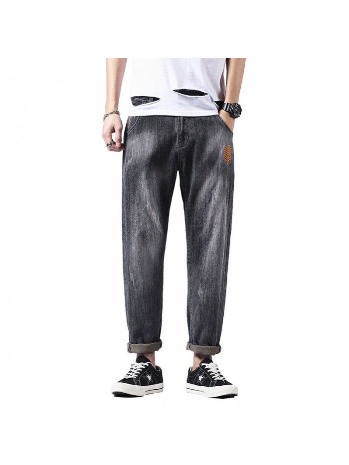 Spring and summer new embroidered stretch jeans men's fashion brand loose straight pants men's Korean casual harem Capris 