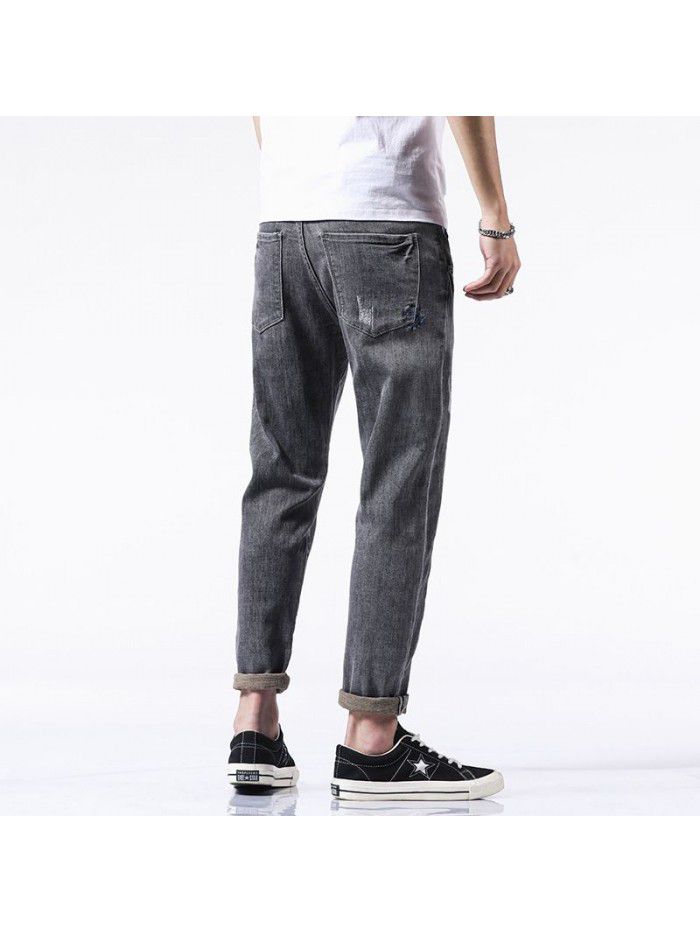 Spring and summer new stretch jeans men's fashion brand loose straight tube Harem Pants men's trend casual embroidery Capris 