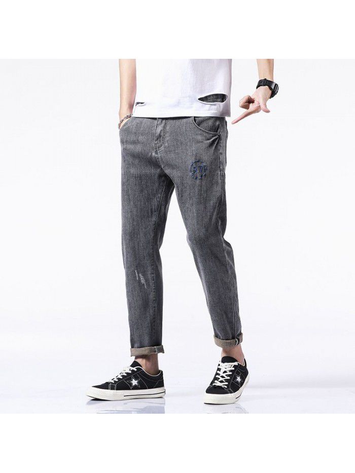 Spring and summer new stretch jeans men's fashion brand loose straight tube Harem Pants men's trend casual embroidery Capris 
