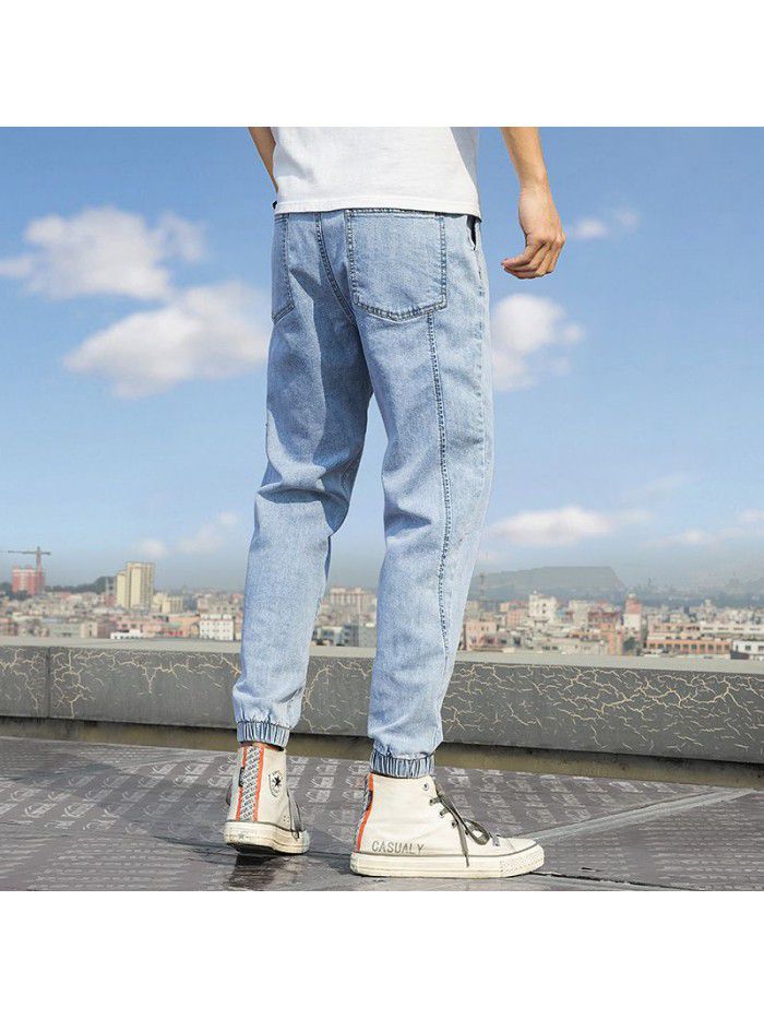 Spring and summer new jeans men's trendy brand loose legged Harlan pants men's casual drawstring elastic legged pants 