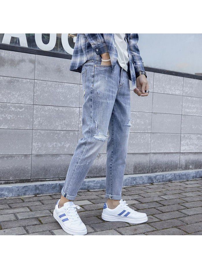 Trendy brand washed jeans with holes men's slim fit and small feet Korean fashion casual Capris new style in spring and summer 