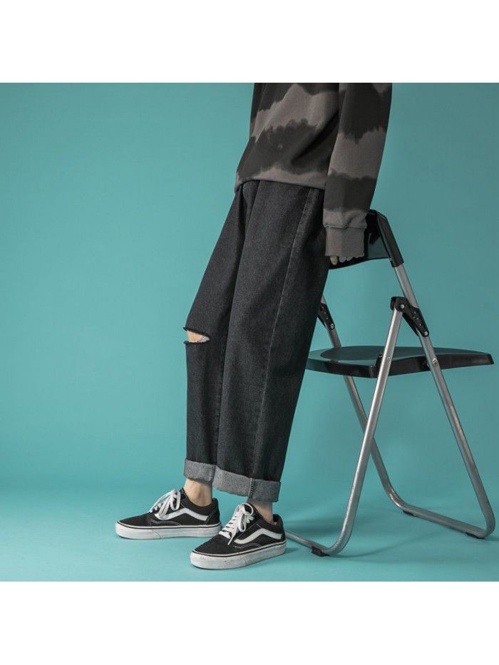 Hole jeans men's spring and summer new fashion brand loose straight wide leg pants men's fashion youth leisure father pants 