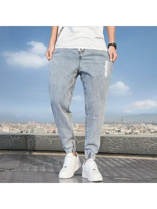 Spring and summer new drawstring washed jeans men&...