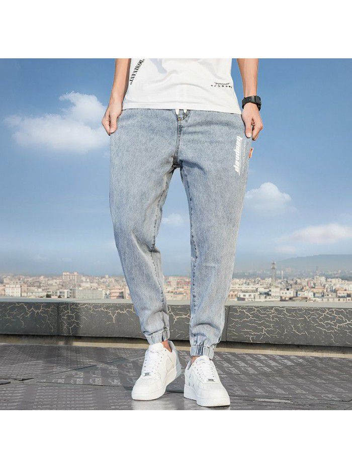 Spring and summer new drawstring washed jeans men's fashion brand loose legged Harem Pants men's casual legged pants 