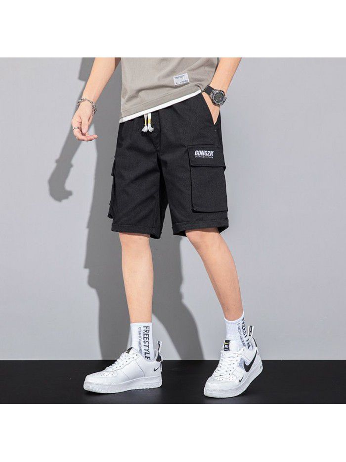New Summer Shorts men's pants straight tube solid color overalls men's youth casual Capris men's pants 