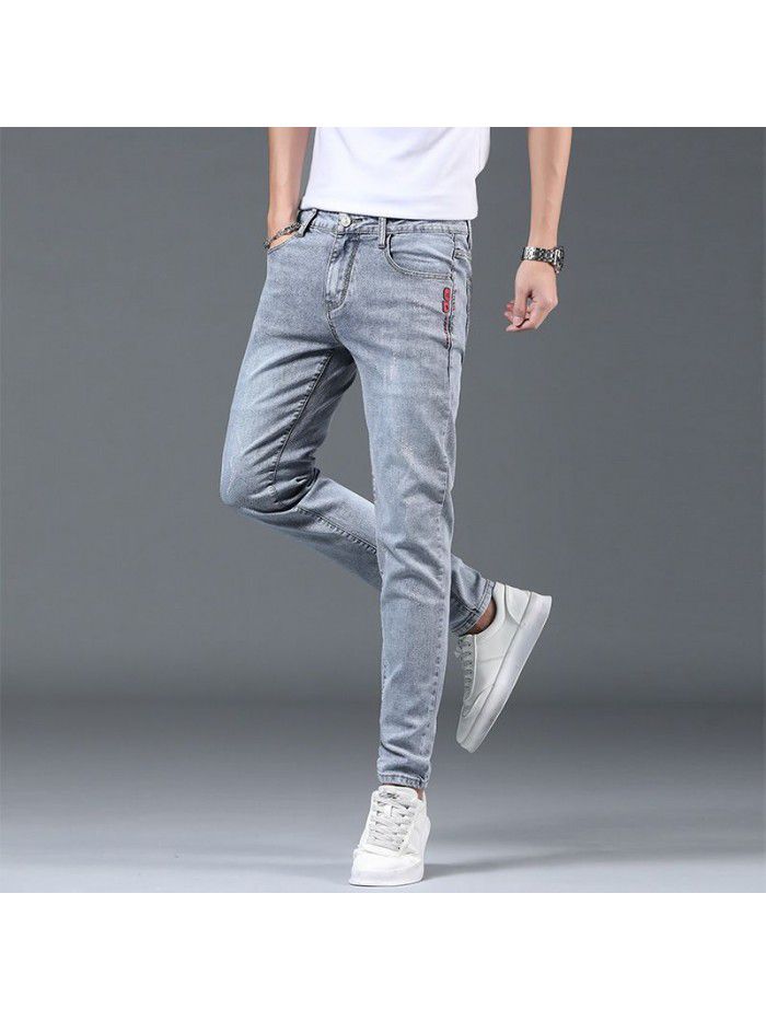 Spring and summer thin washed jeans men's Korean Trend slim pants men's casual elastic pants 