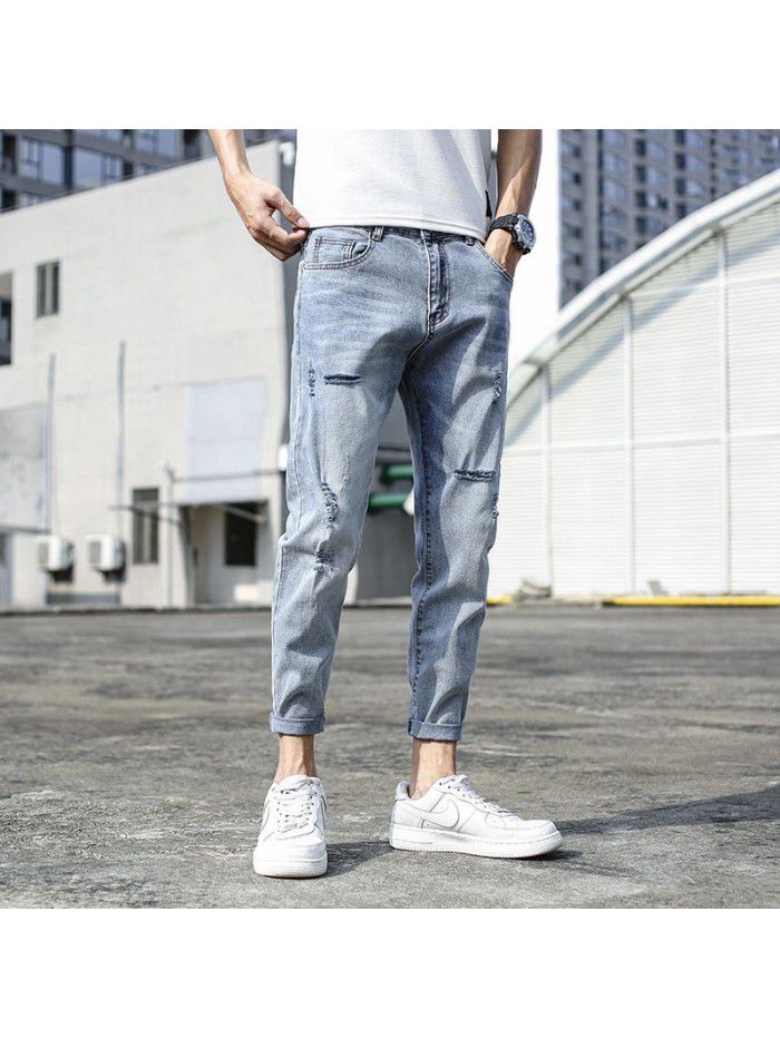 Spring and summer new fashion brand jeans men's Korean slim hole Leggings men's fashion casual elastic pants 