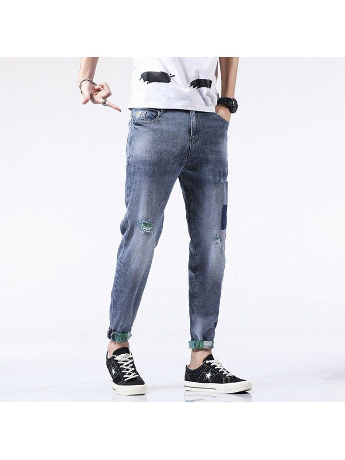Stretch holed jeans men's fashion brand loose feet Harlan pants men's fashion youth fashion casual Capris 