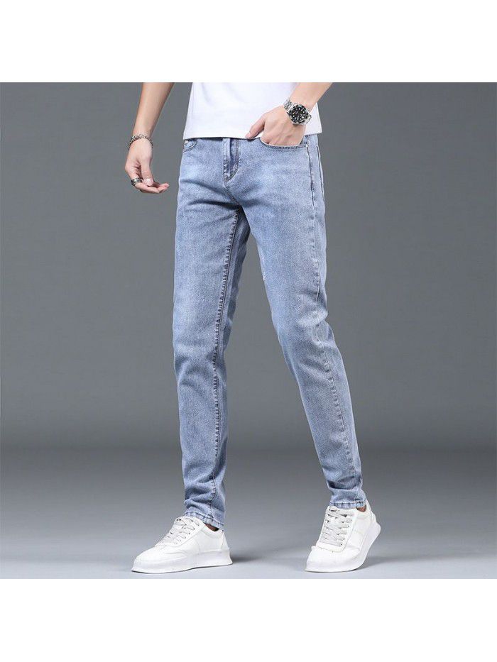 spring and summer new jeans men's Korean slim fit elastic leg pants men's trend leisure wash long pants 