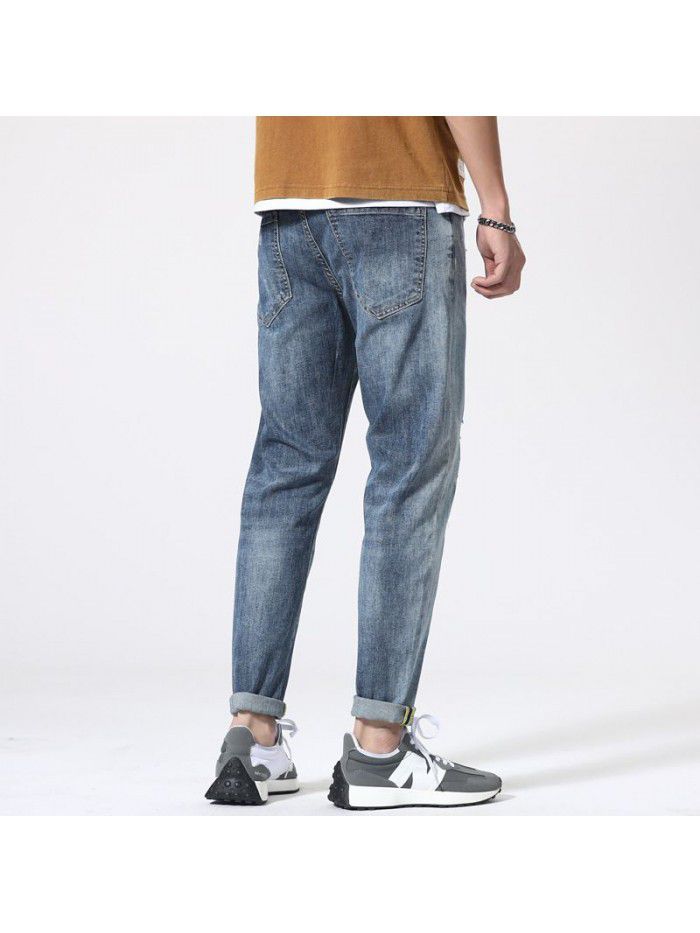  spring and summer new jeans men's loose size Leggings men's trend casual stretch Harlan Capris 