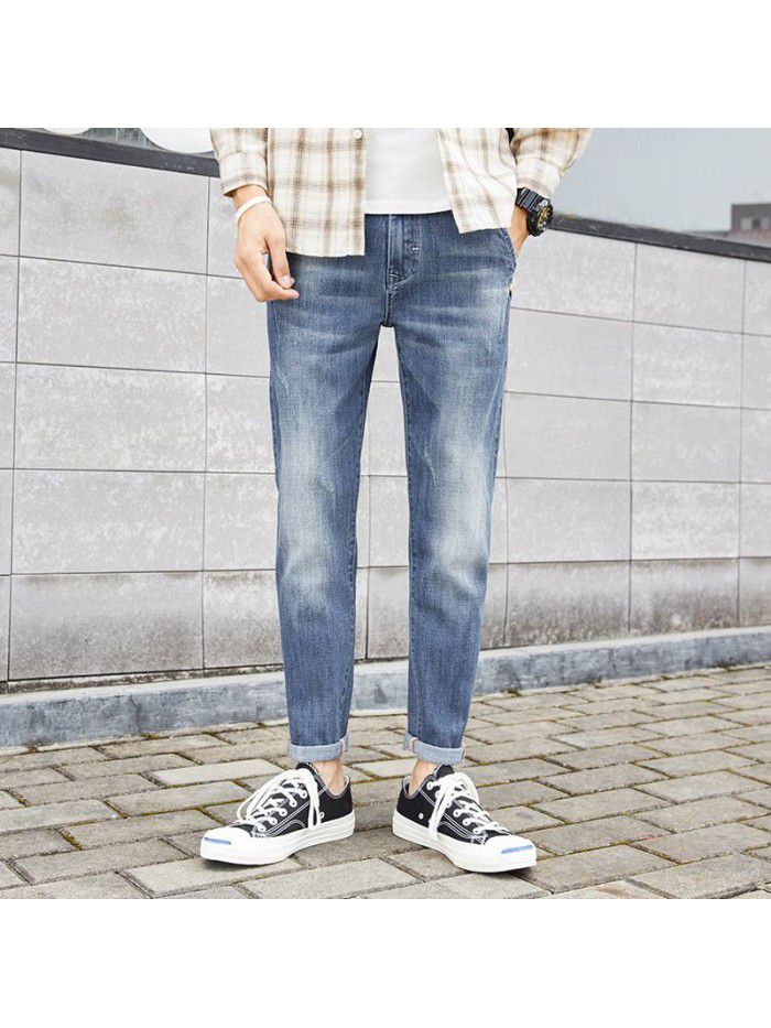 Men's slim jeans spring and summer  new fashion brand Korean leisure trend elastic wash leg Capris 
