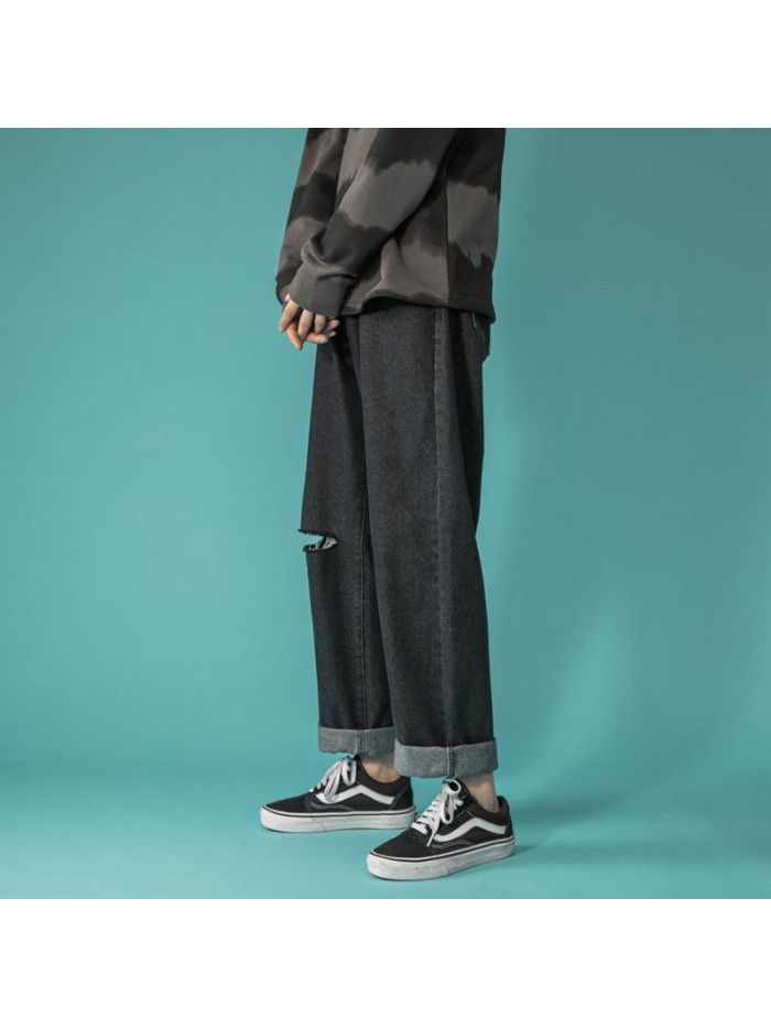 Hole jeans men's spring and summer new fashion brand loose straight wide leg pants men's fashion youth leisure father pants 