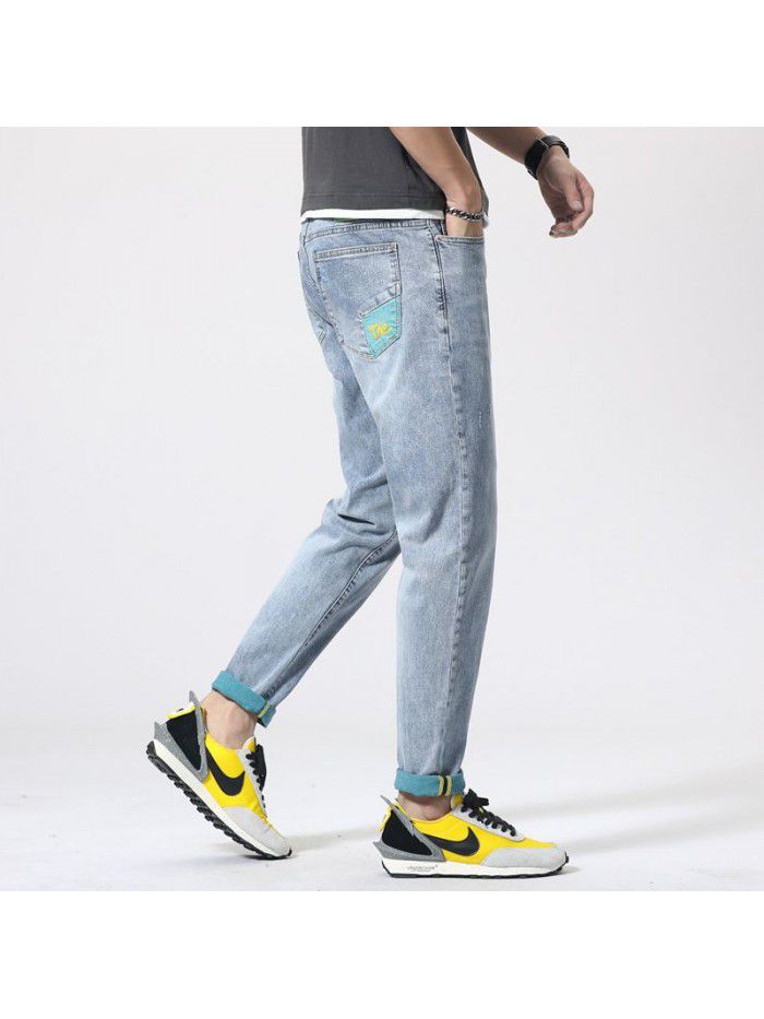 Spring and summer new fashion brand jeans men's Korean slim Leggings trend youth fashion leisure stretch pants 