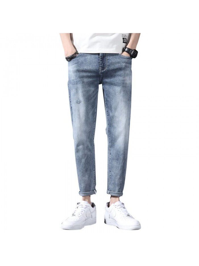 Jeans men's fashion brand new spring loose straight pants men's youth Korean leisure Harlan stretch Capris 