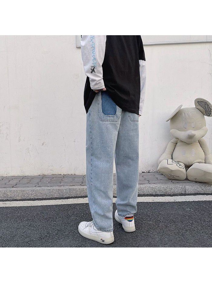 Hong Kong style straight tube wide leg jeans men's  spring and summer new casual Street loose dad skateboard mop pants 