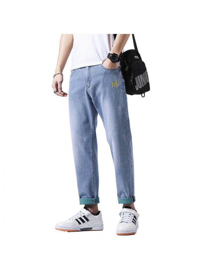 Spring and summer new fashion brand jeans men's loose straight tube Harem Pants men's fashion youth leisure elastic Capris 