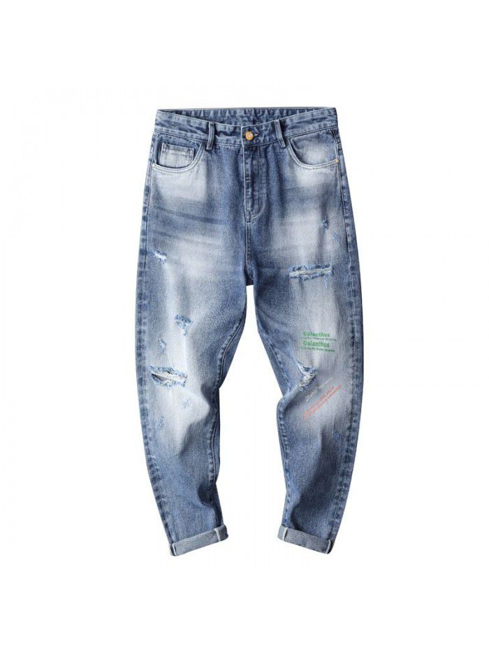  spring new perforated jeans men's fashion brand loose straight pants men's youth casual Capris 