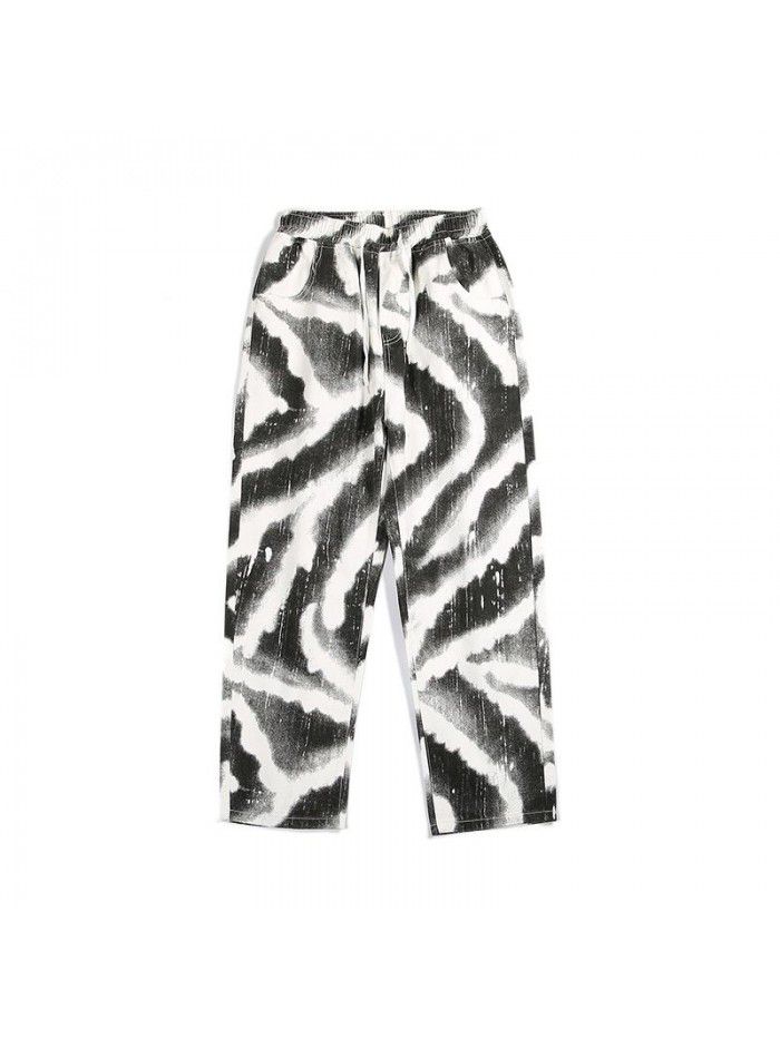 Spring and summer  New Retro loose straight jeans men's trendy Hong Kong tie dye drop casual wide leg pants 