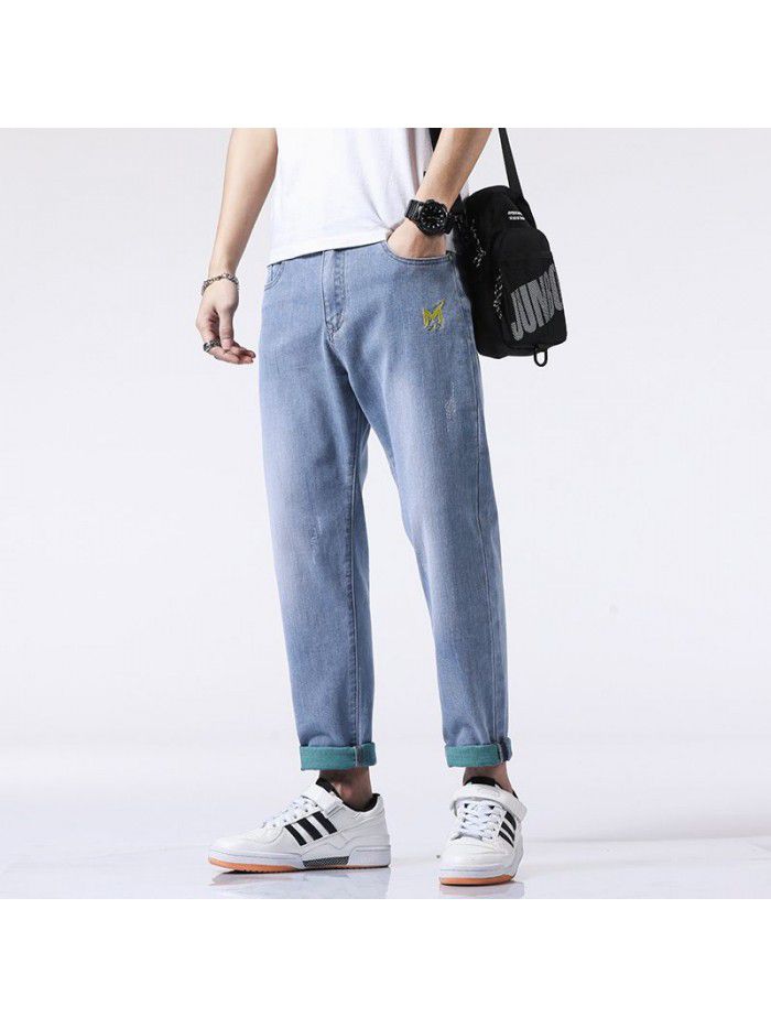 Spring and summer new fashion brand jeans men's loose straight tube Harem Pants men's fashion youth leisure elastic Capris 