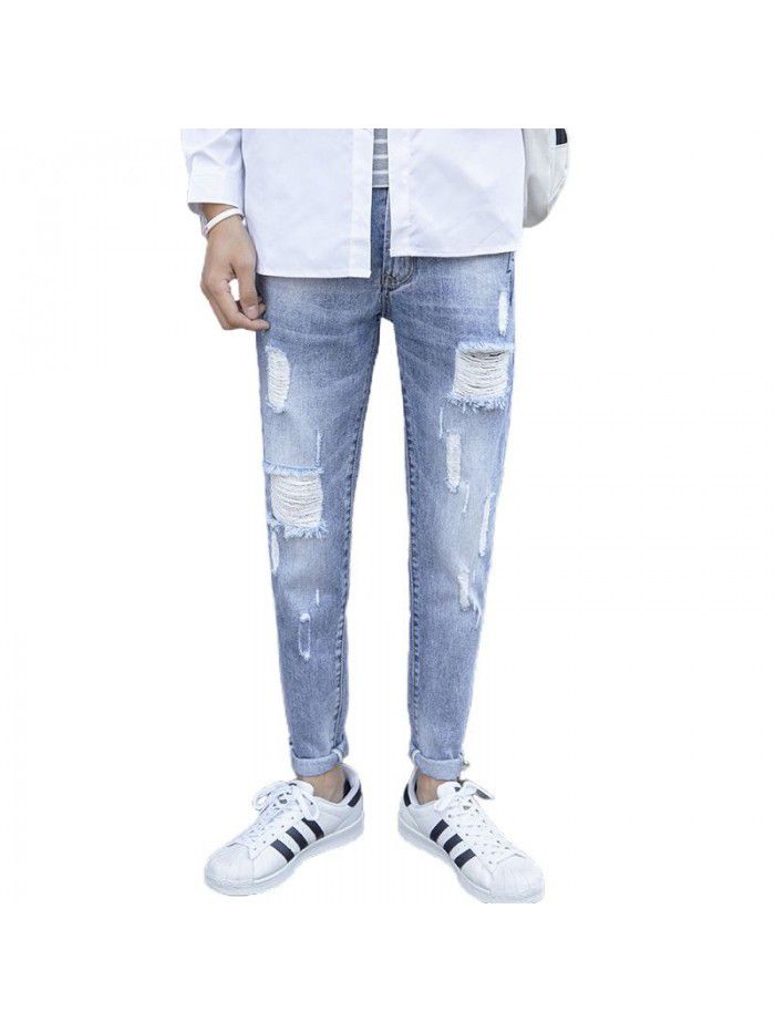 Spring and summer new men's trendy brand washed hole jeans men's Korean fashion casual slim pants 