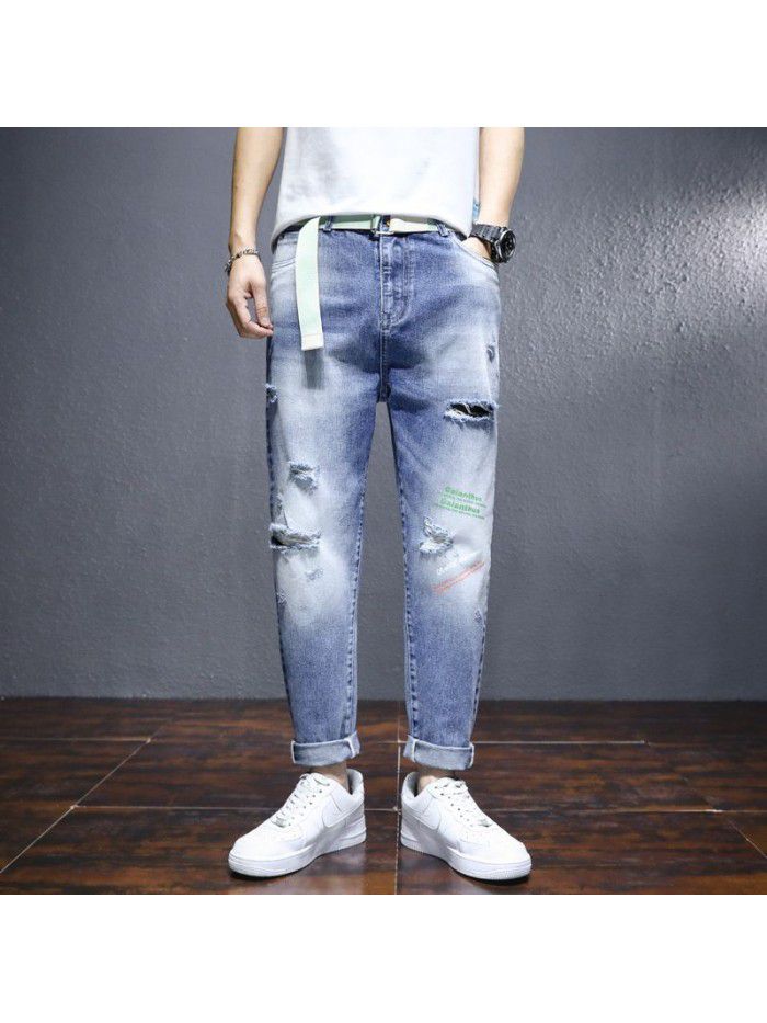  spring new perforated jeans men's fashion brand loose straight pants men's youth casual Capris 