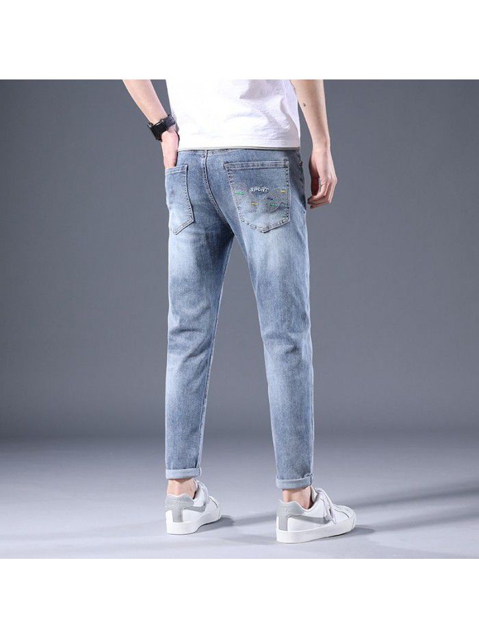 Hole jeans men's spring and summer new Korean slim elastic Leggings trend youth leisure large pants 
