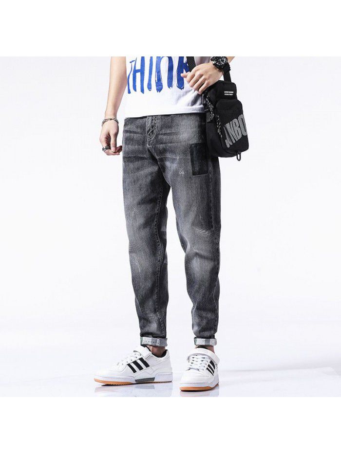 Spring and summer new jeans men's fashion brand loose feet Harlan pants men's Korean fashion casual stretch Capris 