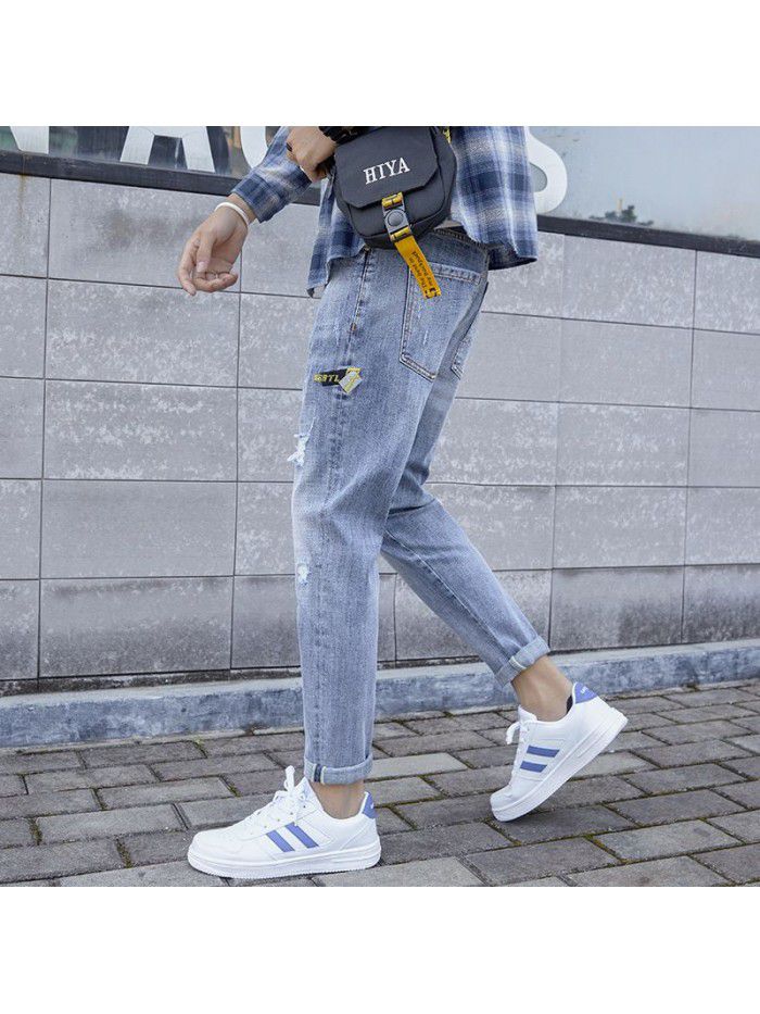 Trendy brand washed jeans with holes men's slim fit and small feet Korean fashion casual Capris new style in spring and summer 