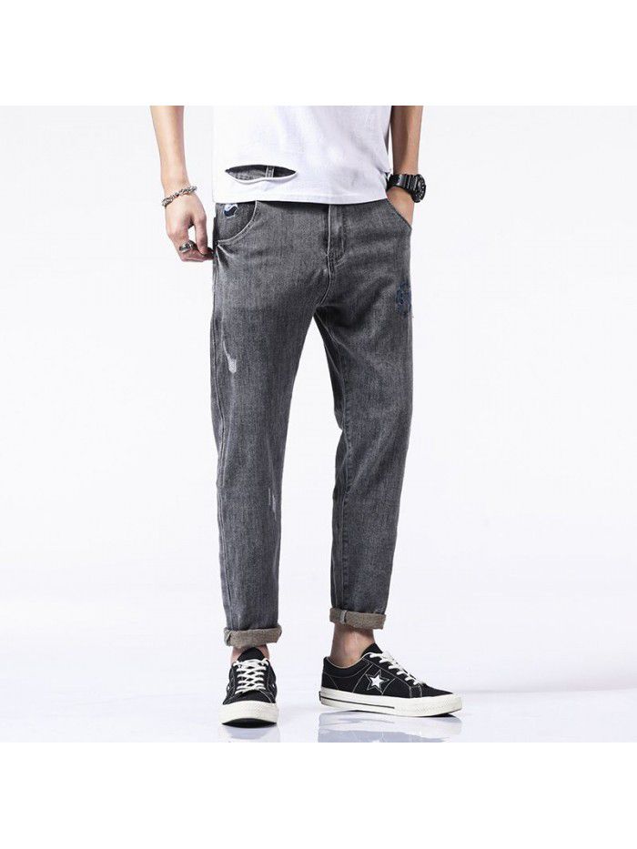 Spring and summer new stretch jeans men's fashion brand loose straight tube Harem Pants men's trend casual embroidery Capris 