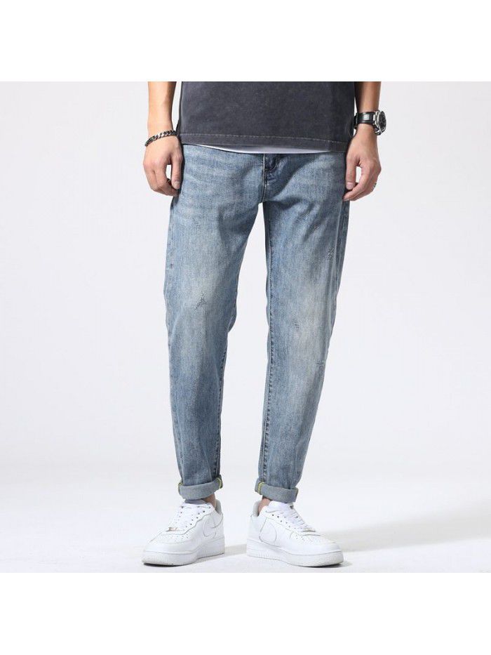Spring and summer new fashion brand jeans men's loose large casual Capris Korean Trend elastic straight pants 