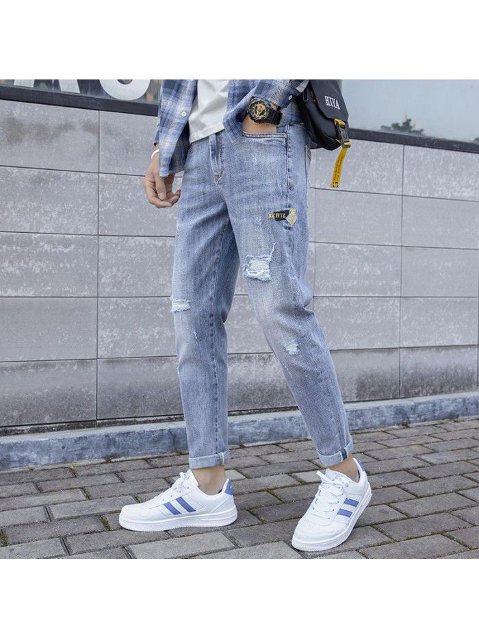 Trendy brand washed jeans with holes men's slim fit and small feet Korean fashion casual Capris new style in spring and summer 