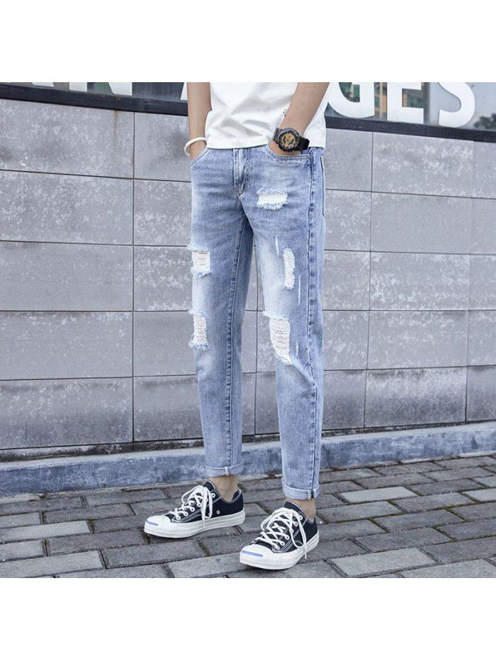  spring and summer new perforated jeans men's Korean slim Leggings men's trend youth casual Capris 