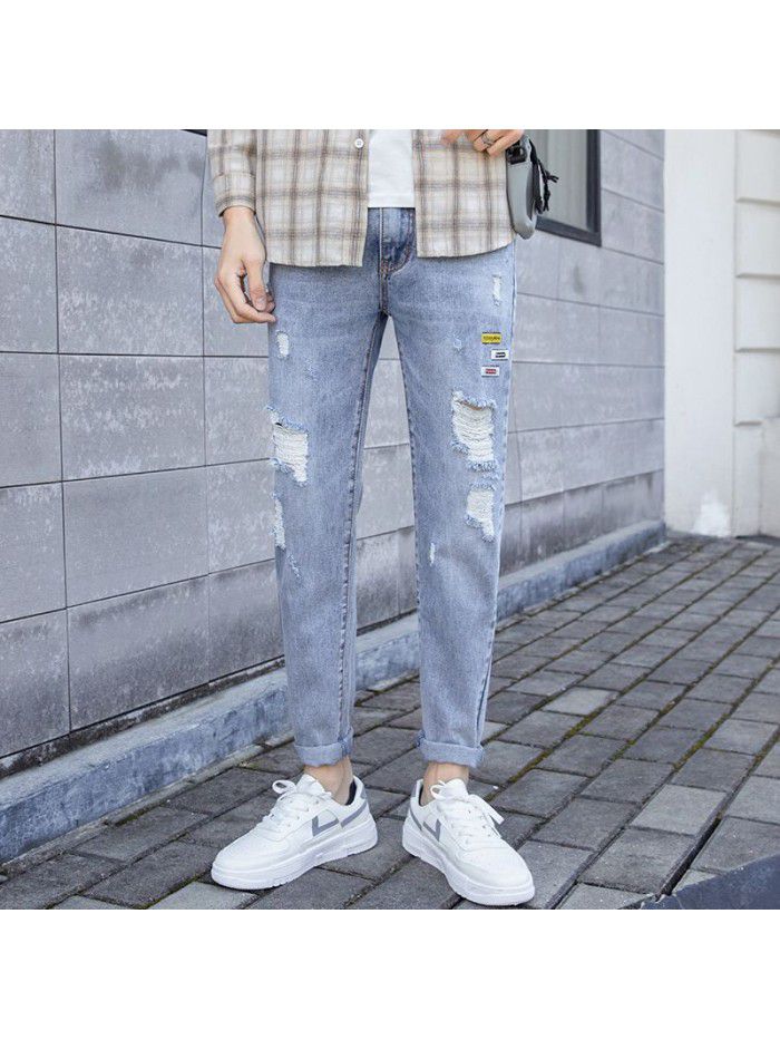 Chao brand water washed perforated jeans men's spring and summer new Korean slim Leggings men's youth casual Capris 