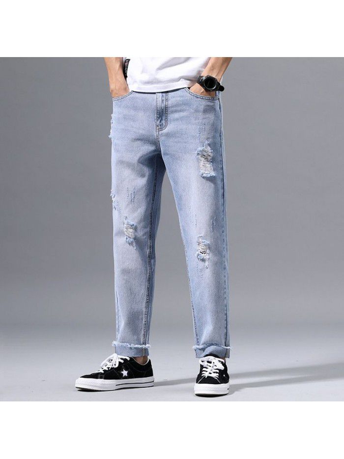 spring and summer new jeans men's loose straight cut pants men's Korean fashion casual pants 