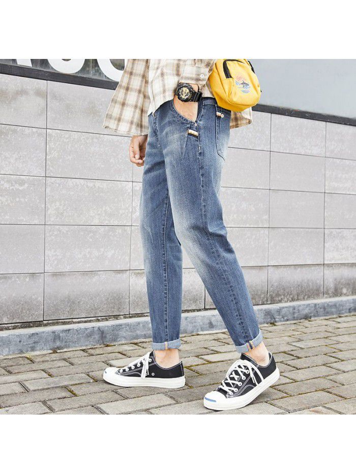 Men's slim jeans spring and summer  new fashion brand Korean leisure trend elastic wash leg Capris 
