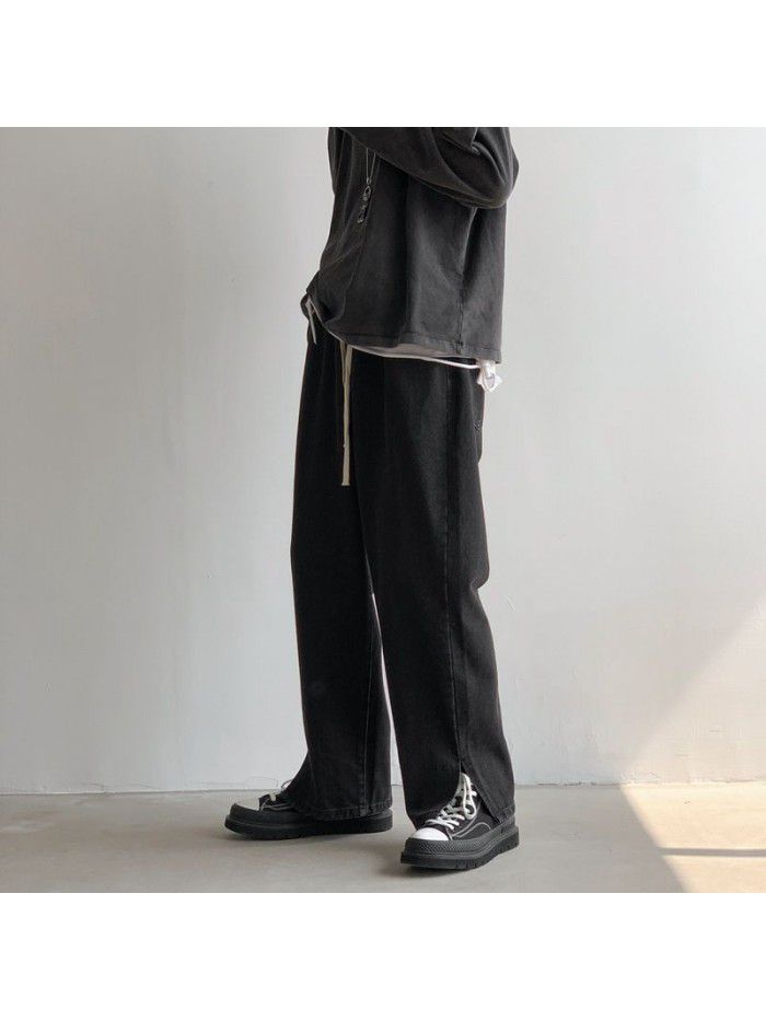 Spring and summer new slit drawstring jeans men's fashion brand loose straight wide leg pants men's Korean casual daddy pants 