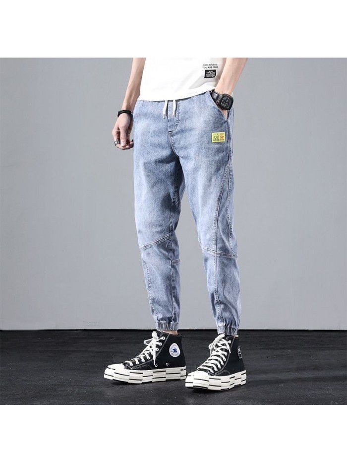 Spring and summer new jeans men's elastic waist loose feet men's youth leisure corset Harun Capris 