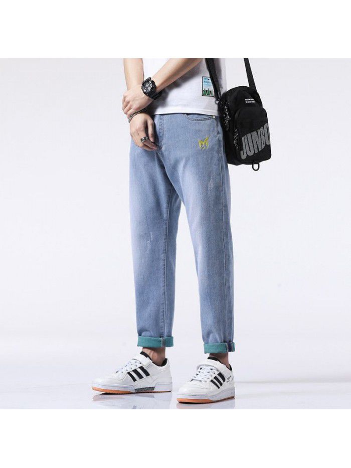 Spring and summer new fashion brand jeans men's loose straight tube Harem Pants men's fashion youth leisure elastic Capris 