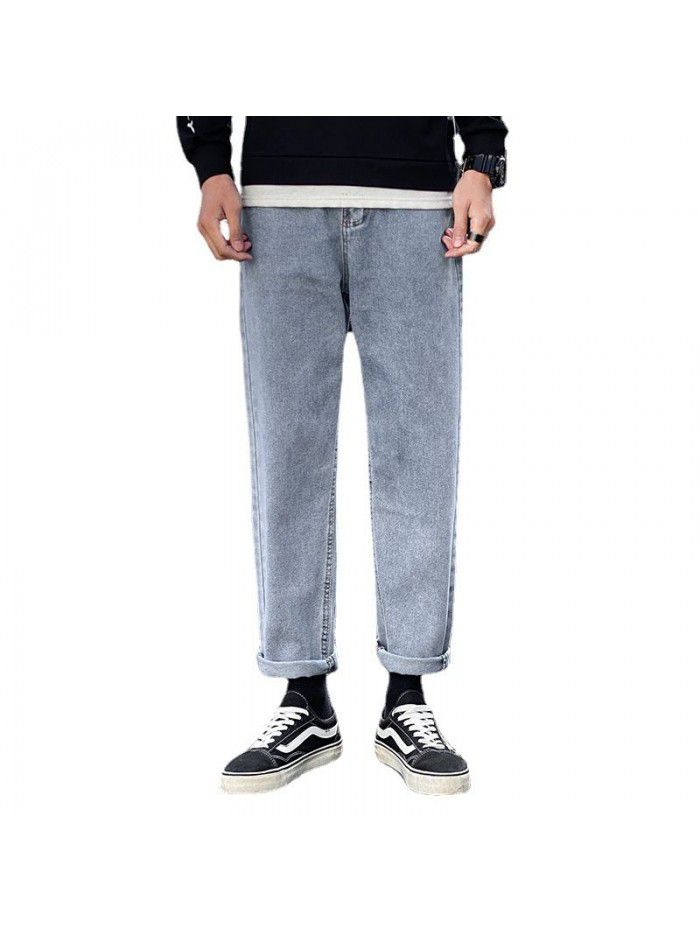 Trendy brand washed jeans men's loose straight Harem Pants men's trend casual simple wide leg daddy Capris 