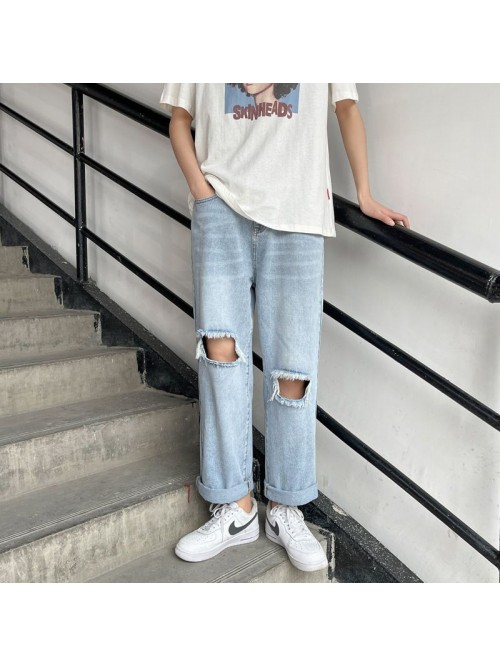 Spring and summer new fashion brand pierced jeans ...
