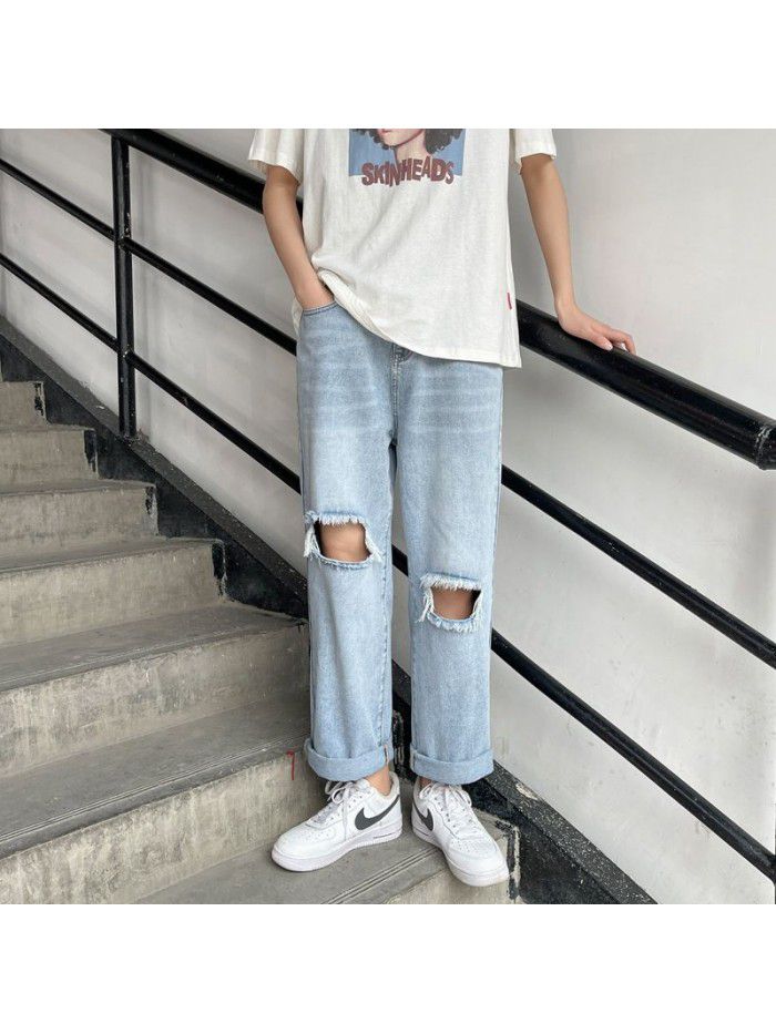 Spring and summer new fashion brand pierced jeans men's loose straight pants men's fashion youth leisure wide leg Harem Pants 