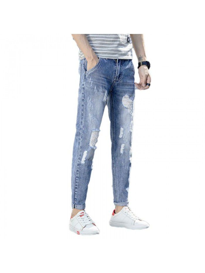 Men's jeans with holes spring summer fashion Korean slim fit pants men's youth leisure harem Capris 