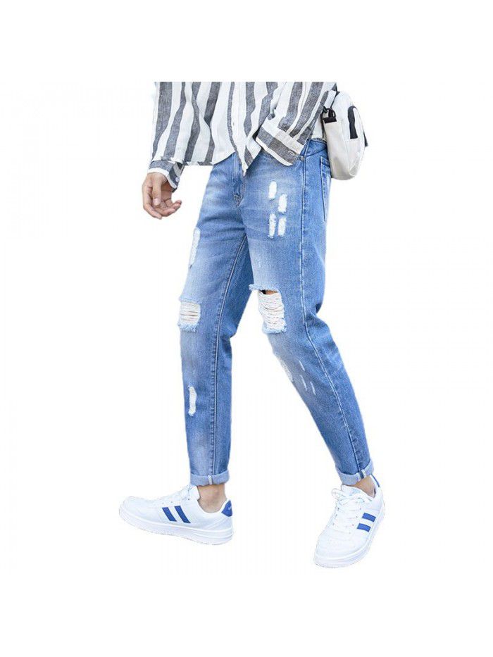 Fashion brand washed jeans men's spring and summer new hole slim Leggings men's fashion casual Capris 