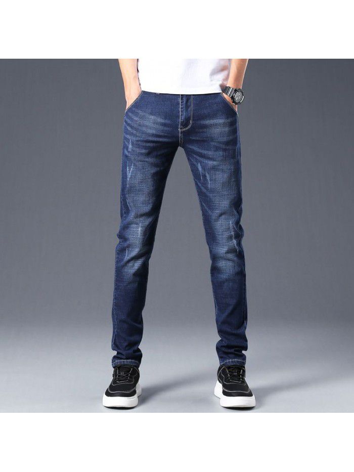 Spring and summer new fashion brand slim fit small leg jeans men's youth fashion trend Korean leisure stretch pants 